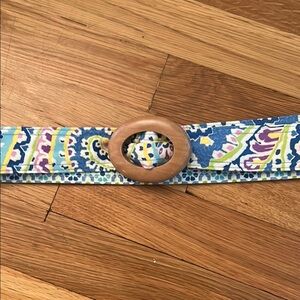 Vera Bradley Blue and Green Patterned Belt with Wooden Buckle